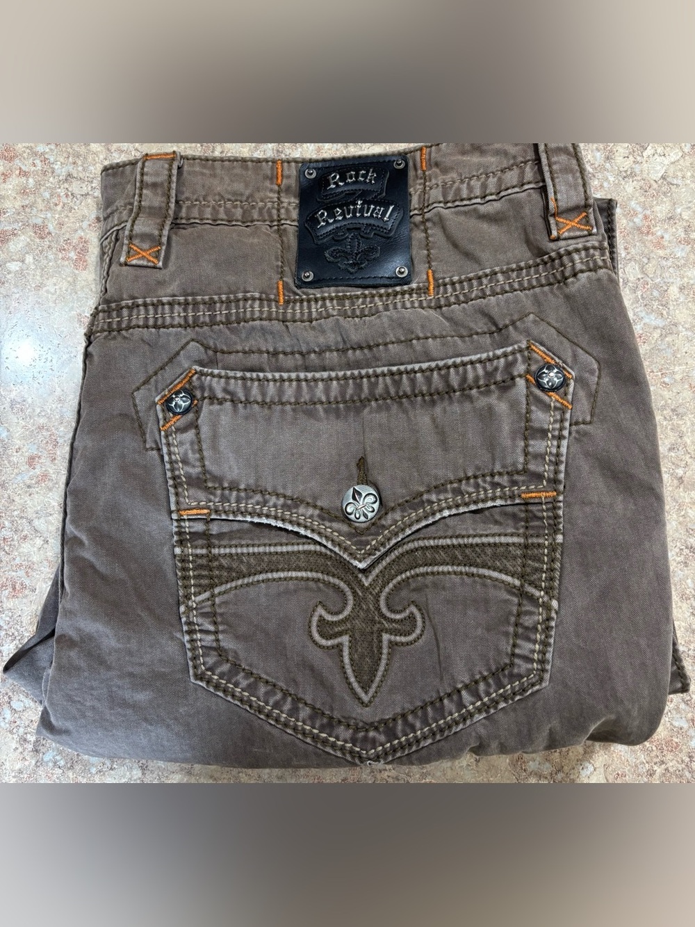 Rock Revival Men's Brown Jeans with Orange Contrast Stitching
